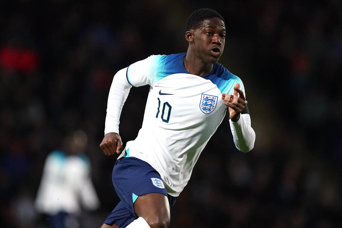 Kobbie Mainoo pictured playing for England in a U19 game in March 2023
