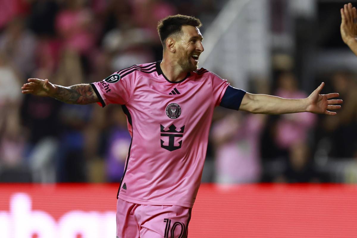 Lionel Messi pictured celebrating after scoring a goal for Inter Miami in the CONCACAF Champions Cup in March 2024