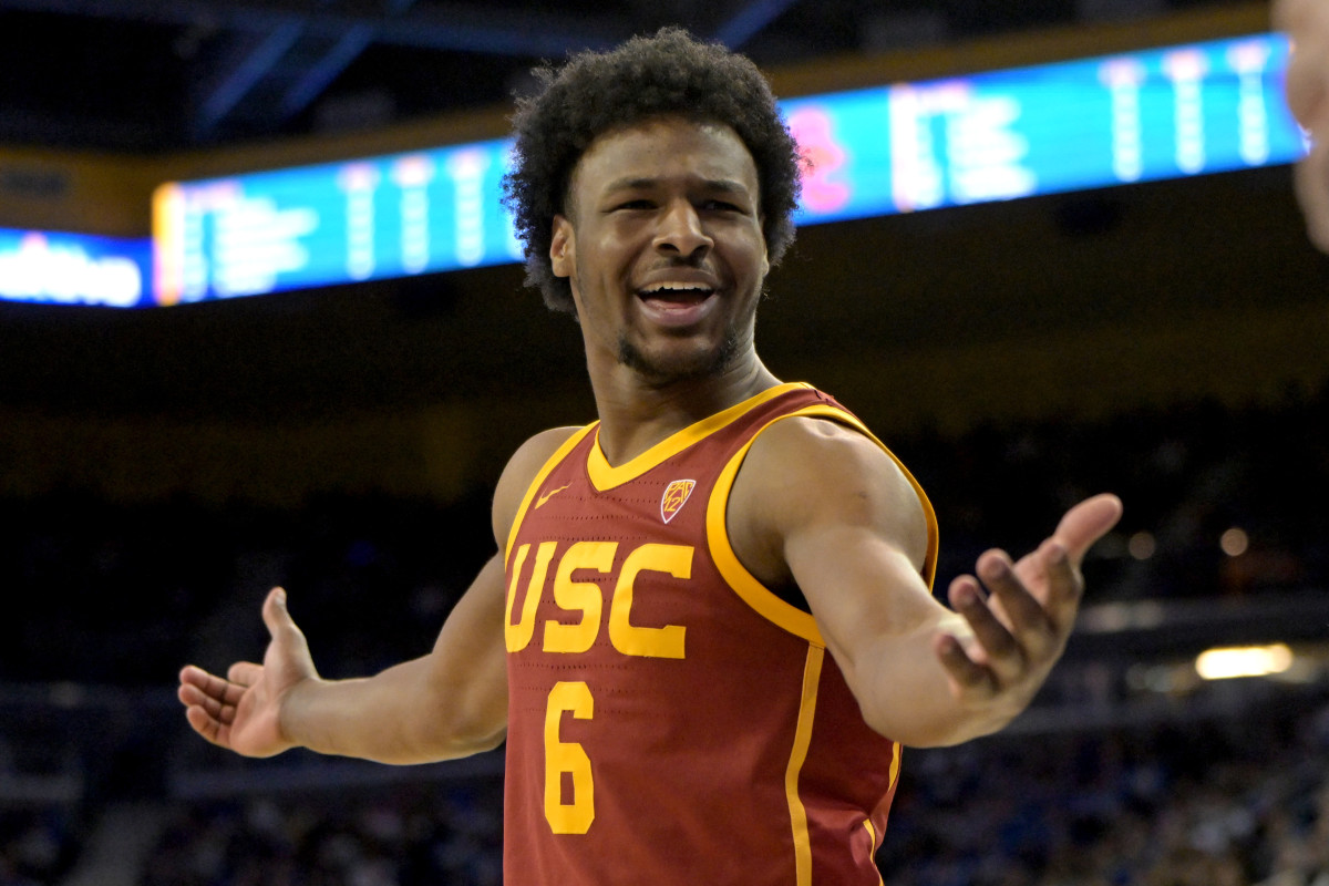 Feb 24, 2024; Los Angeles, California, USA; USC Trojans guard Bronny James (6) questions a call in the first half against the UCLA Bruins at Pauley Pavilion presented by Wescom. Mandatory Credit: Jayne Kamin-Oncea-USA TODAY Sports