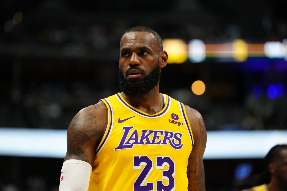 Apr 22, 2024; Denver, Colorado, USA; Los Angeles Lakers forward LeBron James (23) in the first quarter against the Denver Nuggets during game two of the first half during the 2024 NBA playoffs at Ball Arena.