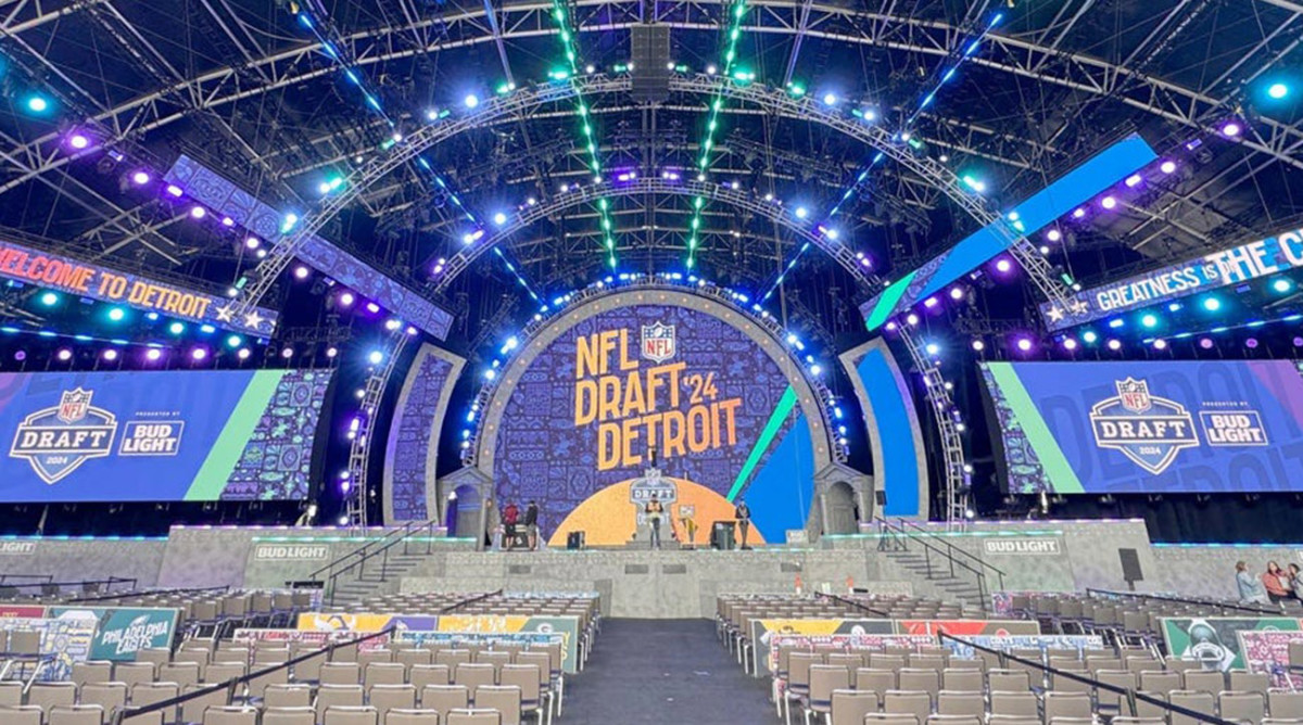 The 2024 NFL draft event stage is seen on April 23, 2024, in Detroit.