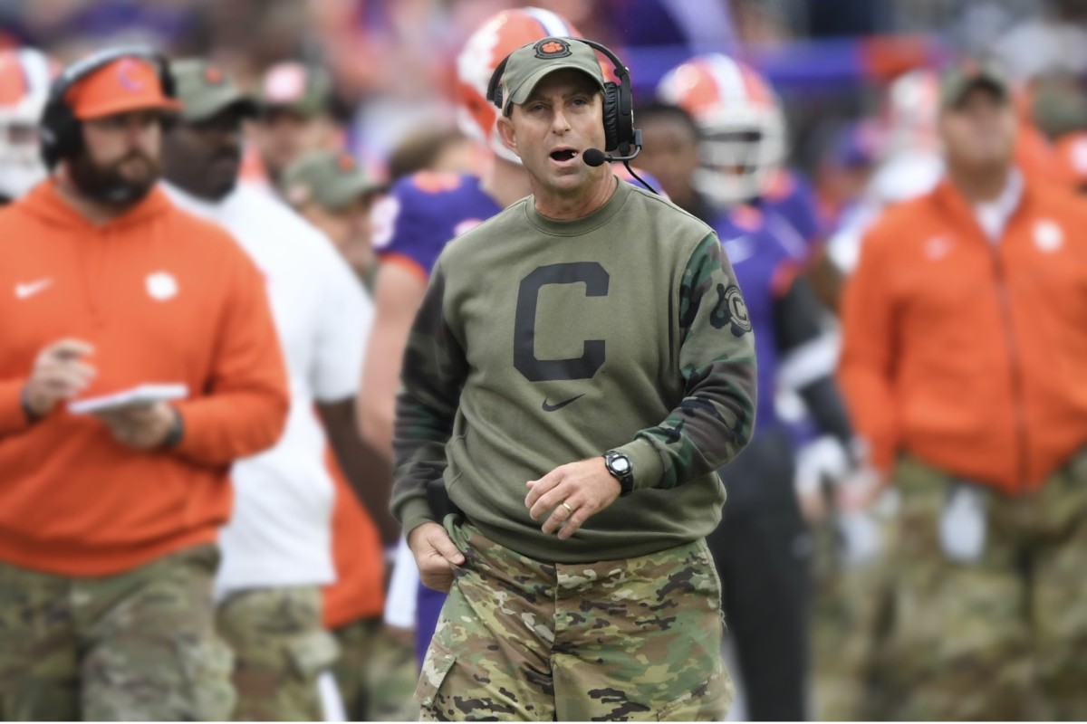 Clemson Tigers head coach Dabo Swinney looks on during the second quarter against the Georgia Tech Yellow Jackets at Memorial Stadium.