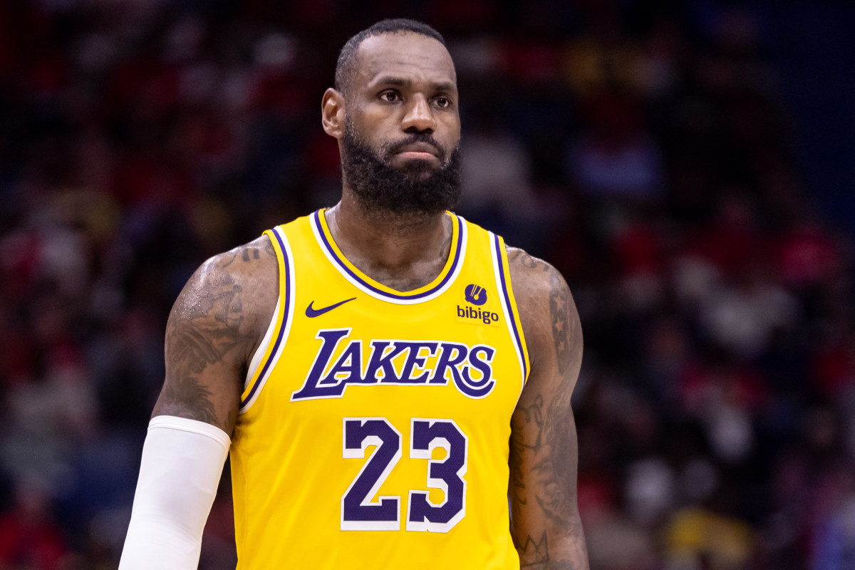 Apr 16, 2024; New Orleans, Louisiana, USA; Los Angeles Lakers forward LeBron James (23) looks on against the New Orleans Pelicans during the second half of a play-in game of the 2024 NBA playoffs at Smoothie King Center.