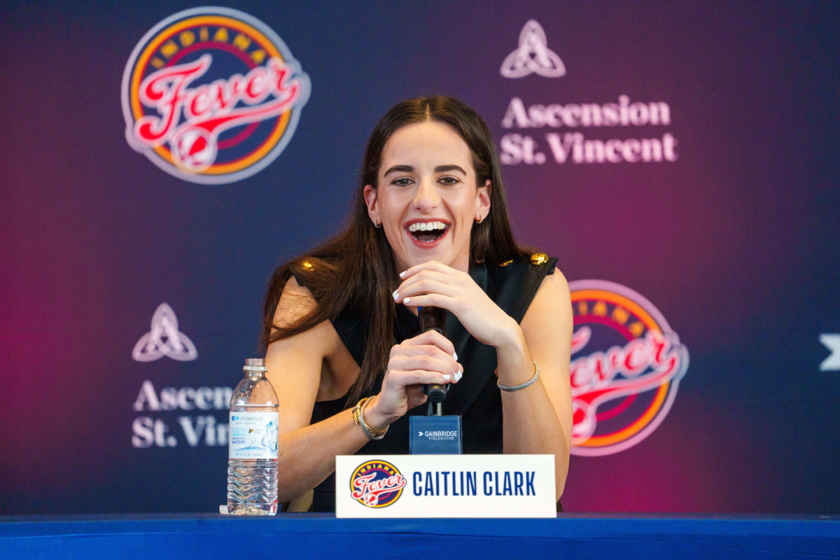 Indiana Fever player Caitlin Clark, former Iowa Hawkeye standout and the no. 1 pick in the 2024 WNBA draft, speaks Wednesday, April 17, 2024, during an introductory press conference inside the entry pavilion at Gainbridge Fieldhouse. 