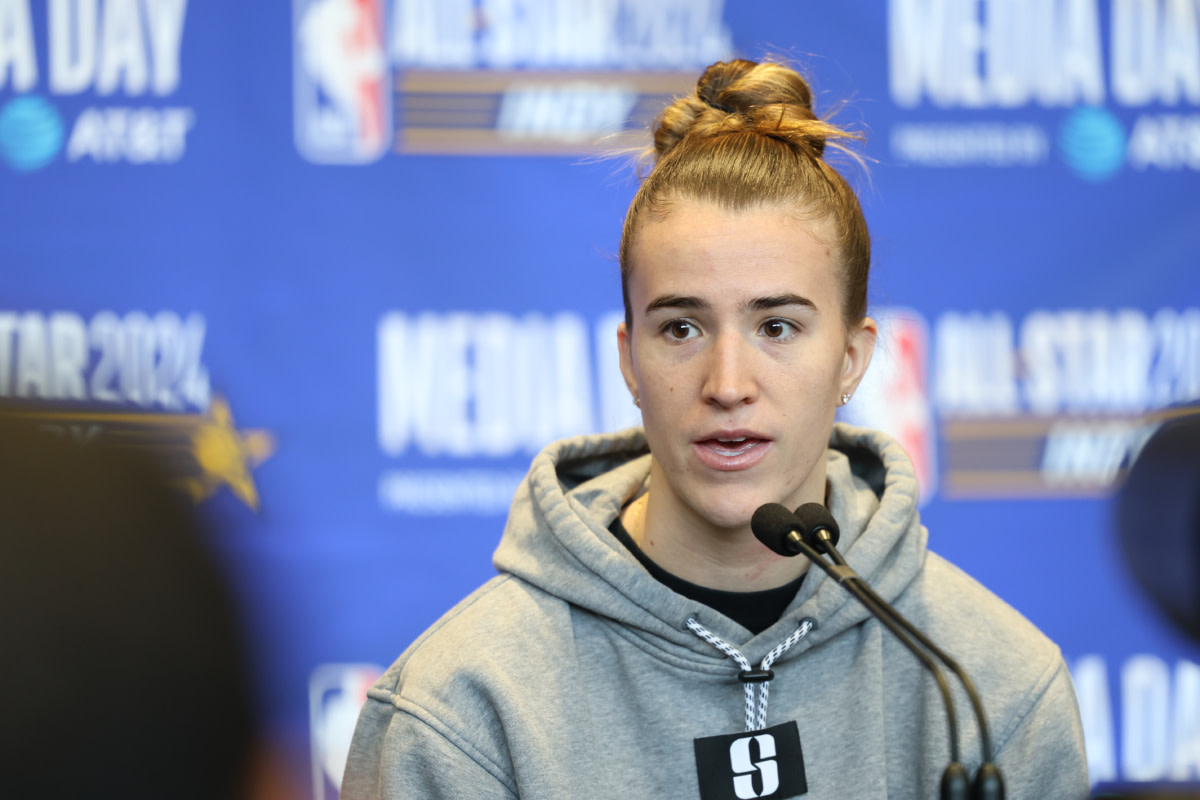 New York Liberty guard Sabrina Ionescu (20) talks about the shooting contest against Steph Curry during NBA All Star practice press conferences at Gainbridge Fieldhouse.