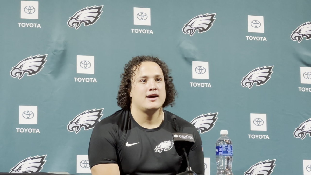 Dylan McMahon meets reporters during the Philadelphia Eagles rookie camp on May 3, 2024