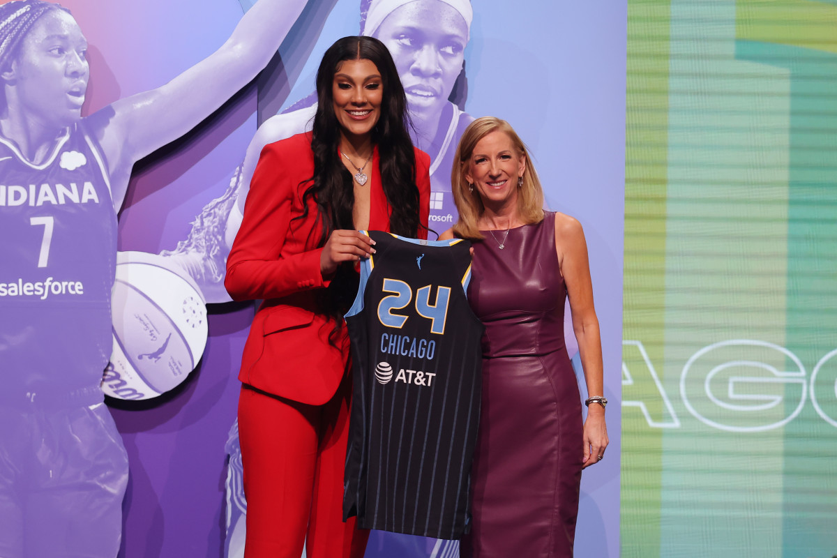 Apr 15, 2024; Brooklyn, NY, USA; Kamilla Cardoso poses with WNBA commissioner Cathy Engelbert after she is selected with the number three overall pick to the Chicago Sky in the 2024 WNBA Draft at Brooklyn Academy of Music.