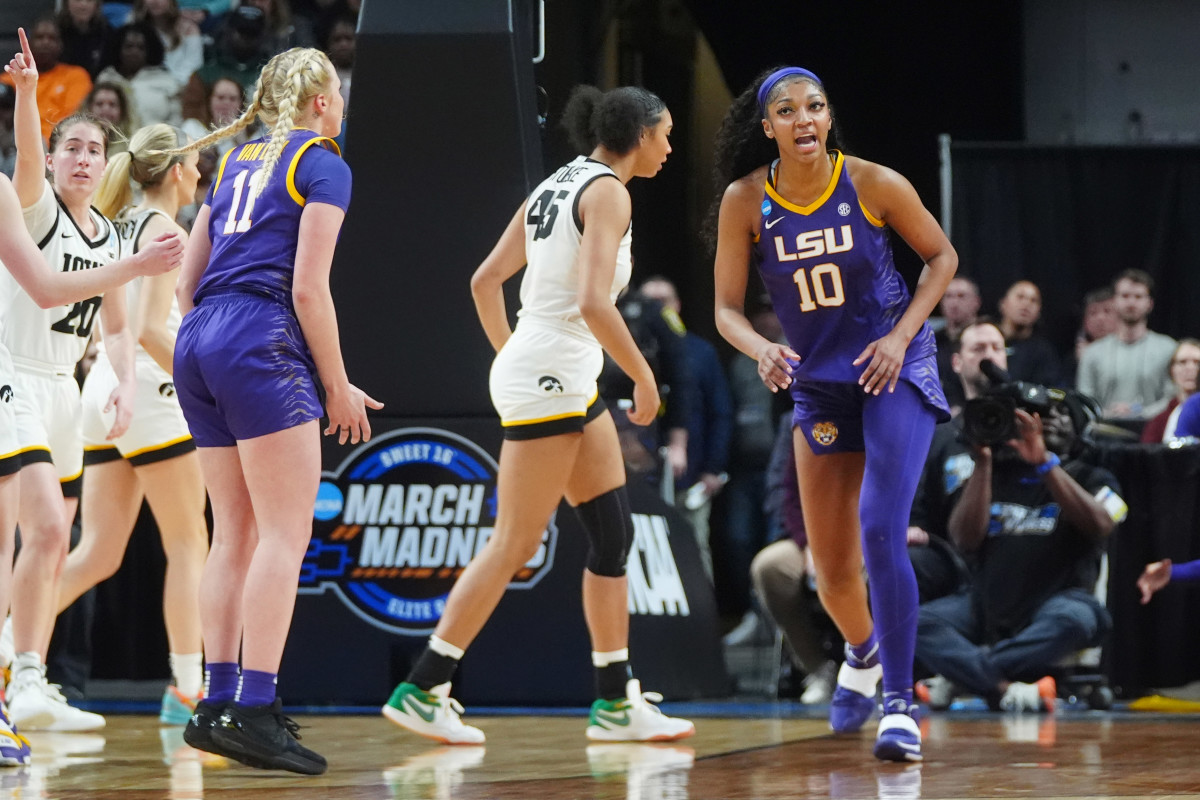 LSU Lady Tigers forward Angel Reese (10) reacts in the third quarter against the Iowa Hawkeyes in the finals of the Albany Regional in the 2024 NCAA Tournament at MVP Arena.