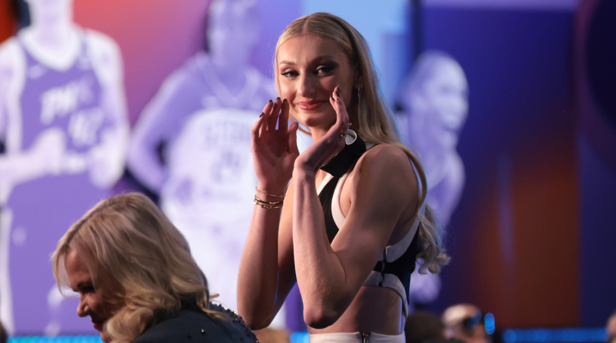 Cameron Brinks reacts to being drafted by the Los Angeles Sparks with the No. 2 pick in the 2024 WNBA draft.