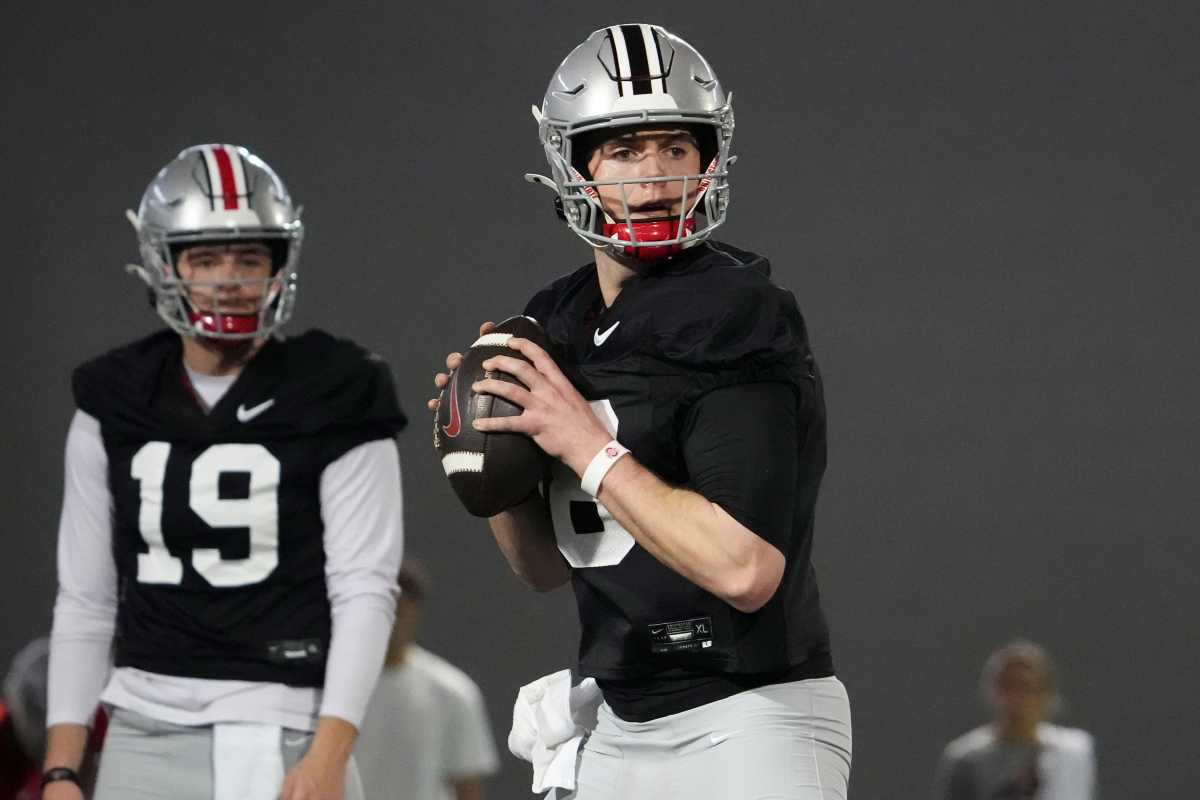 Mar 7, 2024; Columbus, OH, USA; Ohio State Buckeyes quarterback Will Howard (18) looks to throw during spring football practice at the Woody Hayes Athletic Center.  