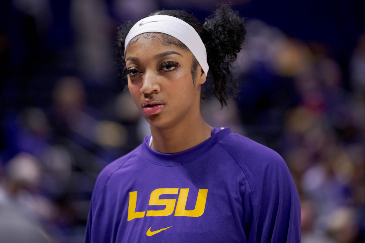 Nov 30, 2023; Baton Rouge, Louisiana, USA; LSU Lady Tigers forward Angel Reese walks the court before a game against the Virginia Tech Hokies at Pete Maravich Assembly Center.