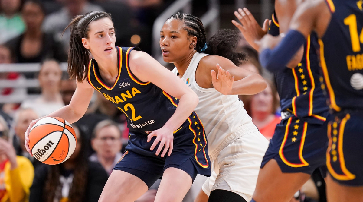 Indiana Fever guard Caitlin Clark (22) rushes up the court Thursday, May 9, 2024, during the preseason game against the Atlanta Dream at Gainbridge Fieldhouse in Indianapolis. The Indiana Fever defeated the Atlanta Dream, 83-80. 