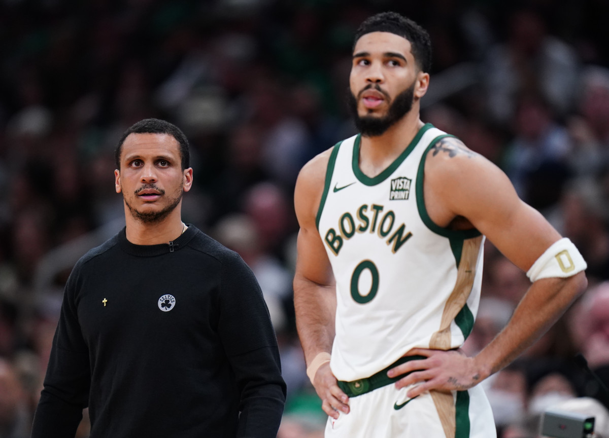 Boston Celtics coach Joe Mazzulla and forward Jayson Tatum at TD Garden.