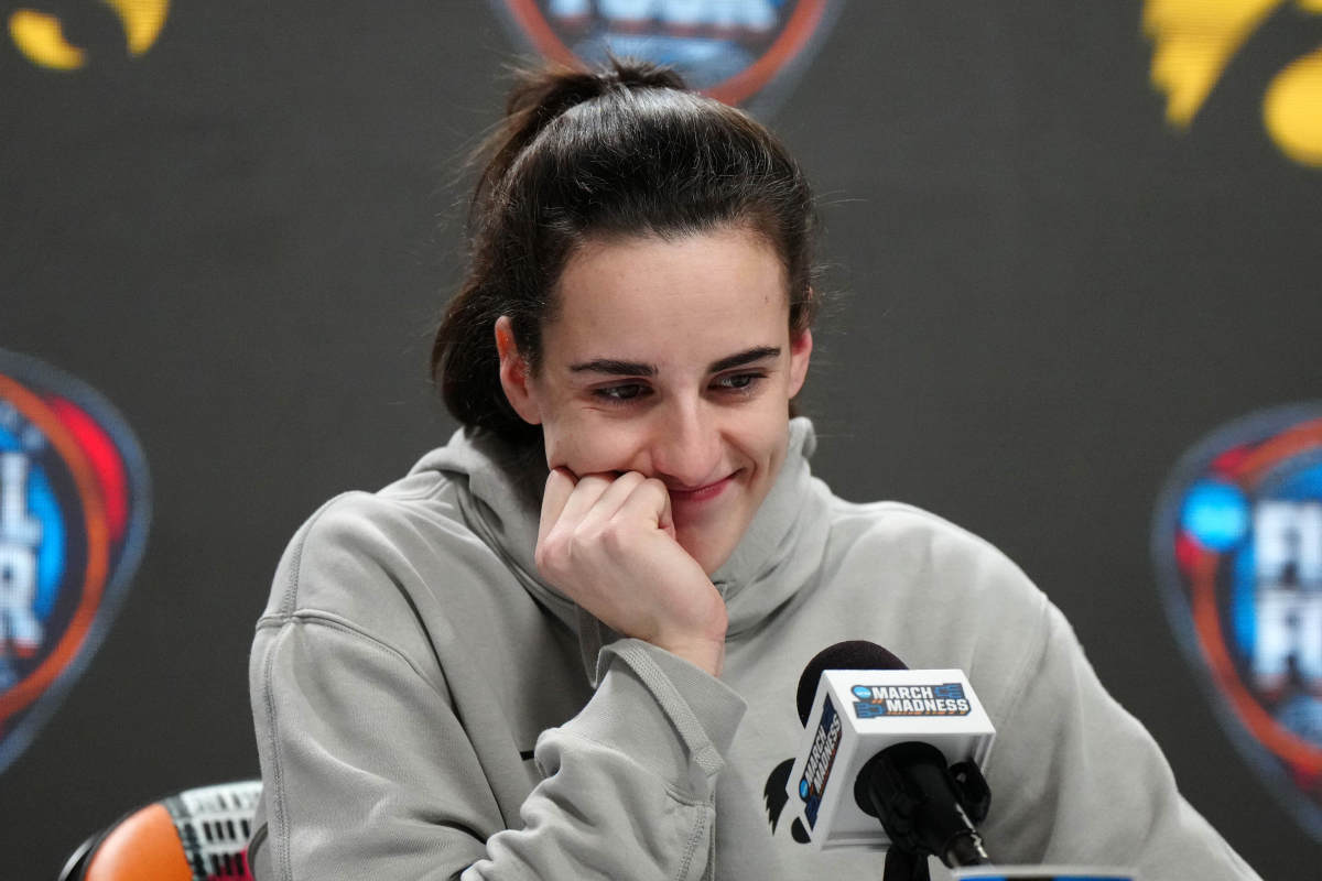 Apr 6, 2024; Cleveland, OH, USA; Iowa Hawkeyes guard Caitlin Clark speaks at a press conference at Rocket Mortgage FieldHouse.