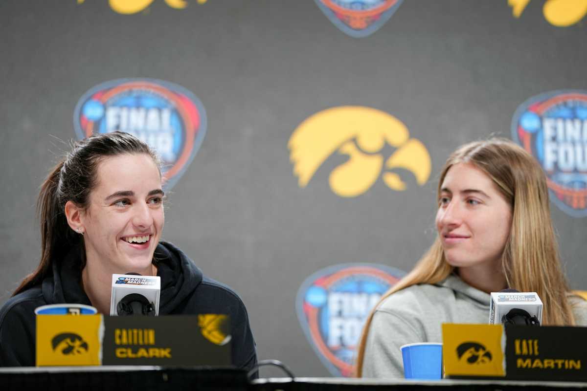 Iowa Hawkeyes guards Caitlin Clark (22) and guard Kate Martin (20).