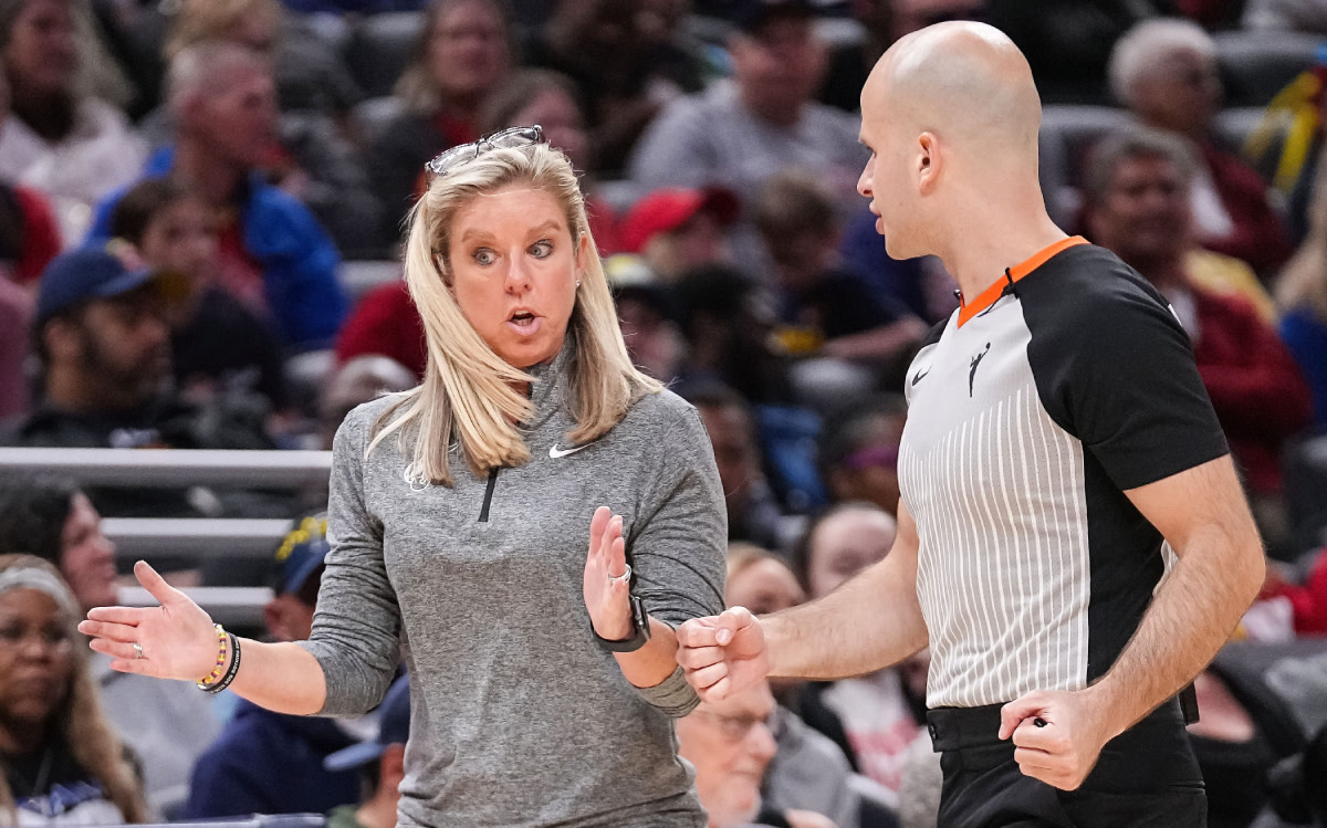 Indiana Fever Christie Sides talks to the referee after a foul Thursday, May 9, 2024, during the preseason game against the Atlanta Dream at Gainbridge Fieldhouse in Indianapolis. The Indiana Fever defeated the Atlanta Dream, 83-80. 