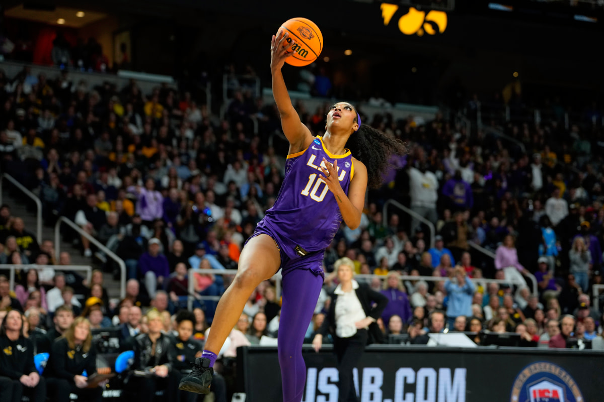 LSU Lady Tigers forward Angel Reese (10) shoots against the Iowa Hawkeyes in the first half in the finals of the Albany Regional in the 2024 NCAA Tournament at MVP Arena.