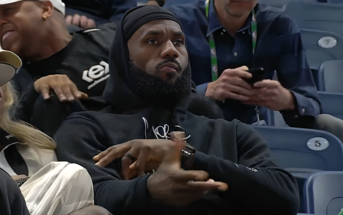 LeBron James watching his son, Bronny James, at the 2024 NBA Draft Combine