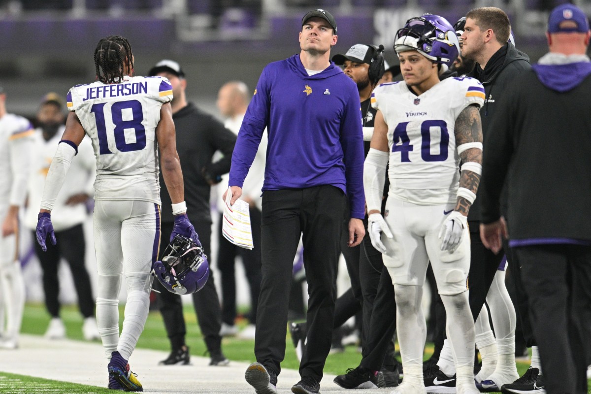 Dec 24, 2023; Minneapolis, Minnesota, USA; Minnesota Vikings head coach Kevin O'Connell and wide receiver Justin Jefferson (18) and linebacker Ivan Pace Jr. (40) react near the end of the game during the fourth quarter against the Detroit Lions at U.S. Bank Stadium.