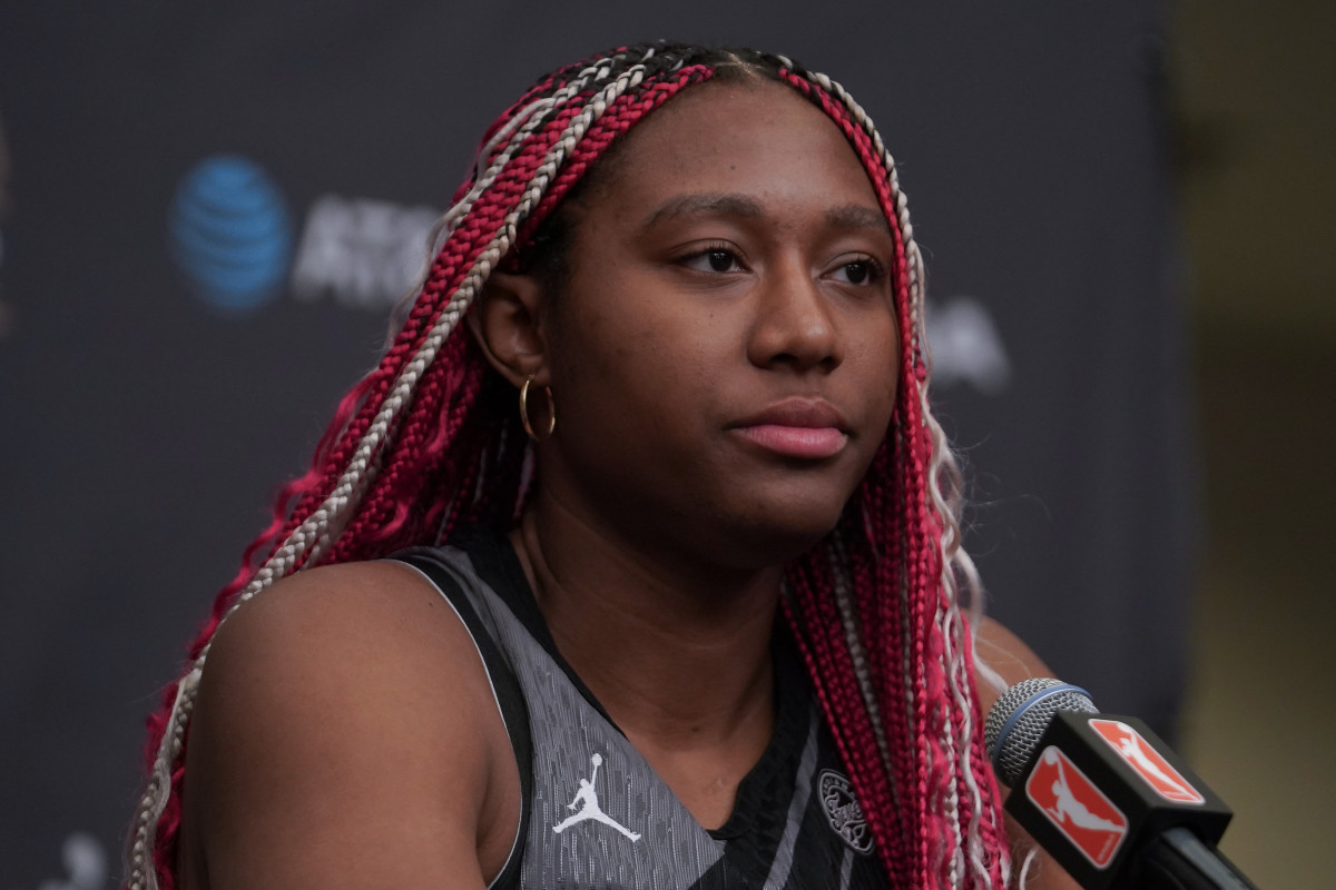 Jul 15, 2023; Las Vegas, NV, USA; Team Wilson frontcourt Aliyah Boston (7) answers questions during a press conference prior to the 2023 WNBA All-Star Game at Michelob Ultra Arena.