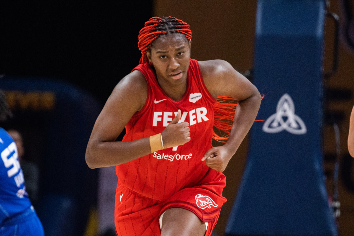 Indianapolis, Indiana, USA; Indiana Fever forward Aliyah Boston (7) in the first half against the Connecticut Sun at Gainbridge Fieldhouse.