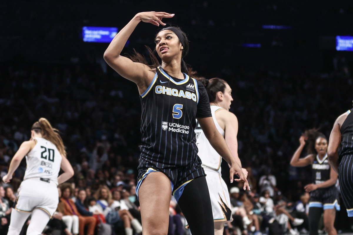 May 23, 2024; Brooklyn, New York, USA; Chicago Sky forward Angel Reese (5) gestures in the fourth quarter against the New York Liberty at Barclays Center.