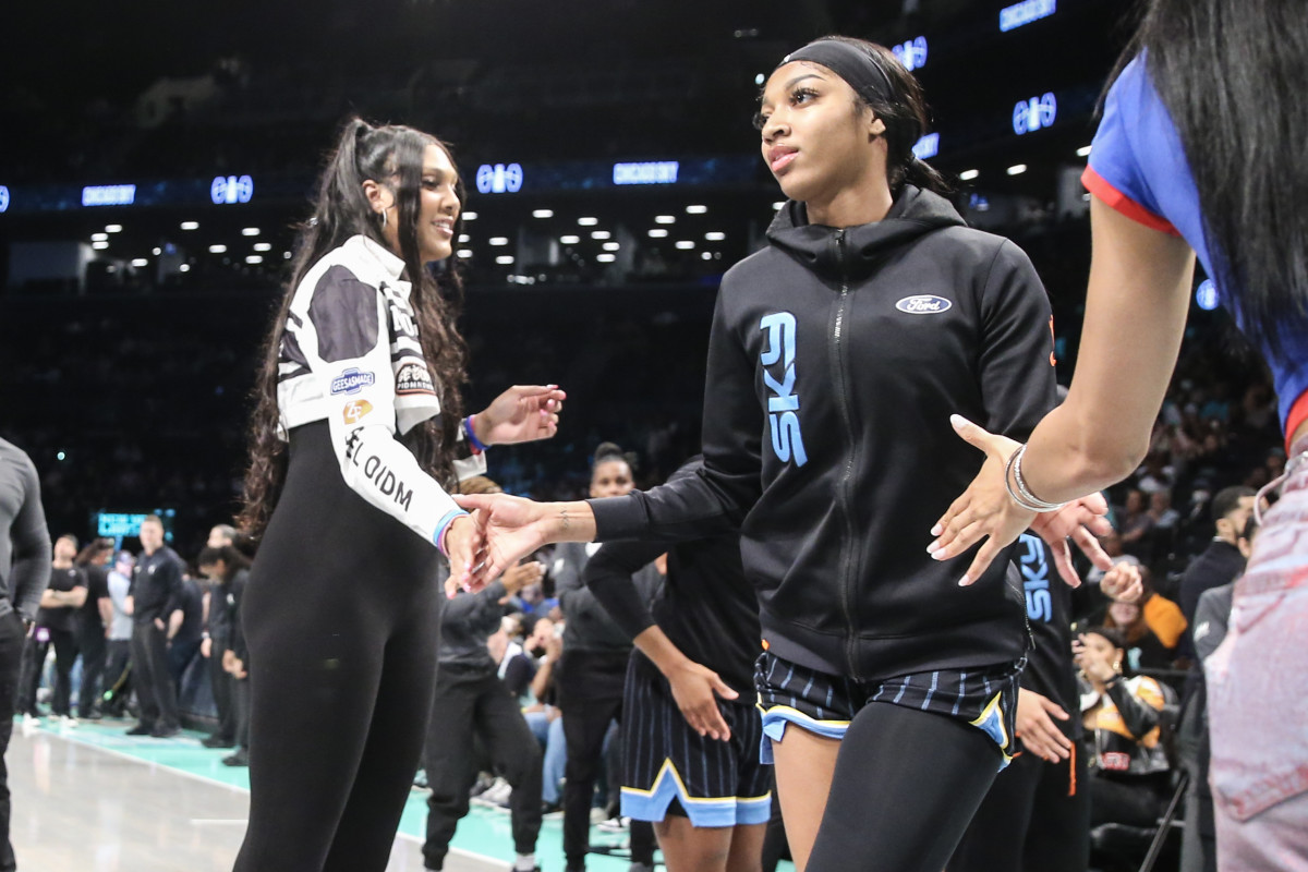 May 23, 2024; Brooklyn, New York, USA; Chicago Sky forward Angel Reese (5) is introduced before a game against the New York Liberty at Barclays Center. Mandatory Credit: Wendell Cruz-USA TODAY Sports