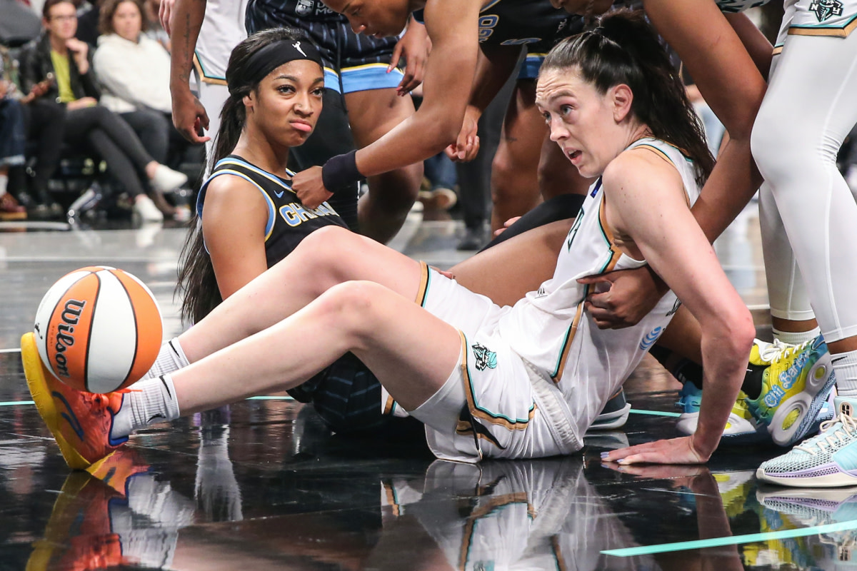 Chicago Sky forward Angel Reese (5) reacts after being fouled by New York Liberty forward Breanna Stewart (30) in the fourth quarter at Barclays Center.