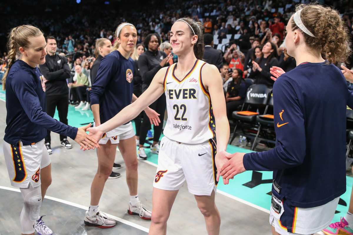 May 18, 2024; Brooklyn, New York, USA; Indiana Fever guard Caitlin Clark (22) at Barclays Center.