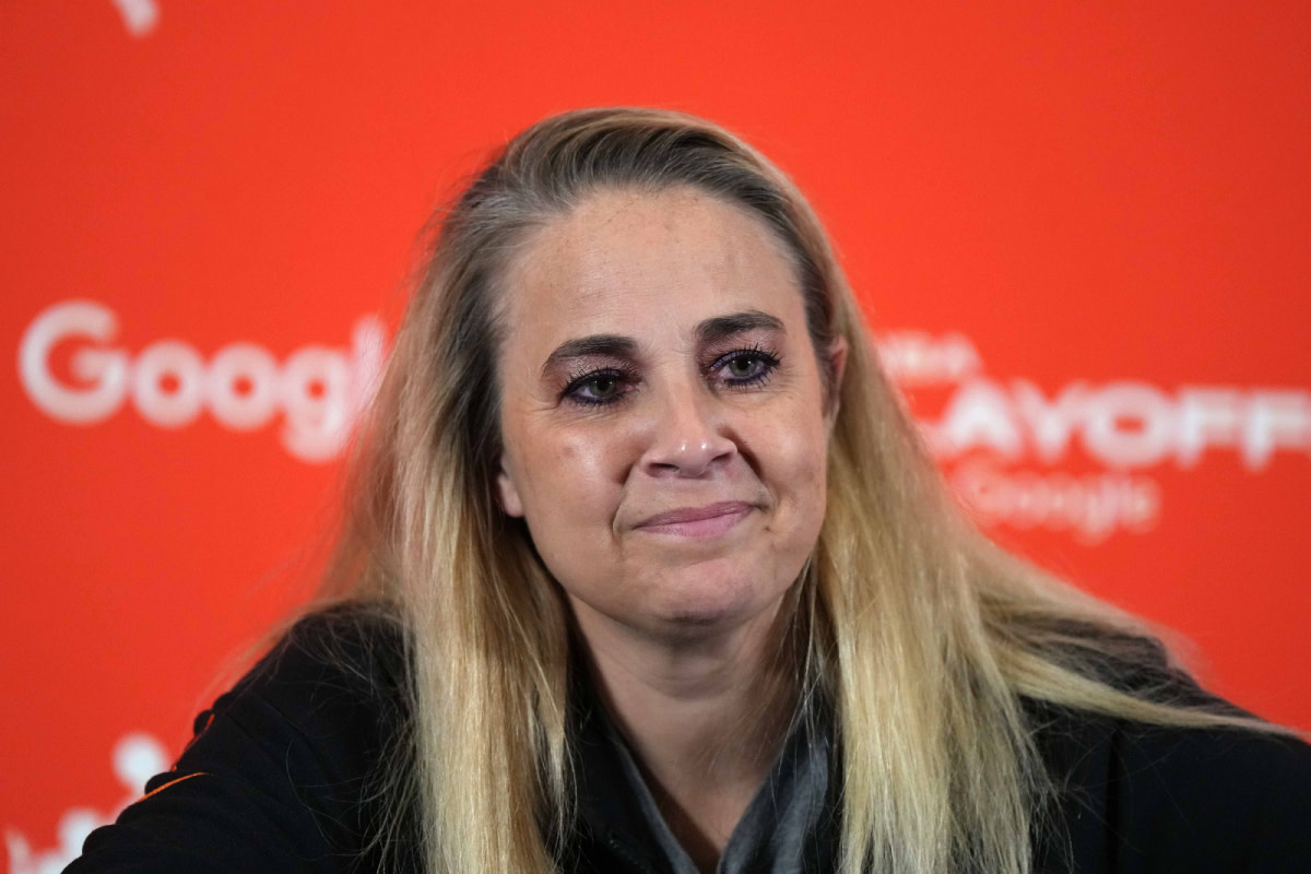 Las Vegas Aces coach Becky Hammon at press conference during game one of the 2023 WNBA Semifinals against the Dallas Wings at Michelob Ultra Arena. The Aces defeated the Wings 97-83.