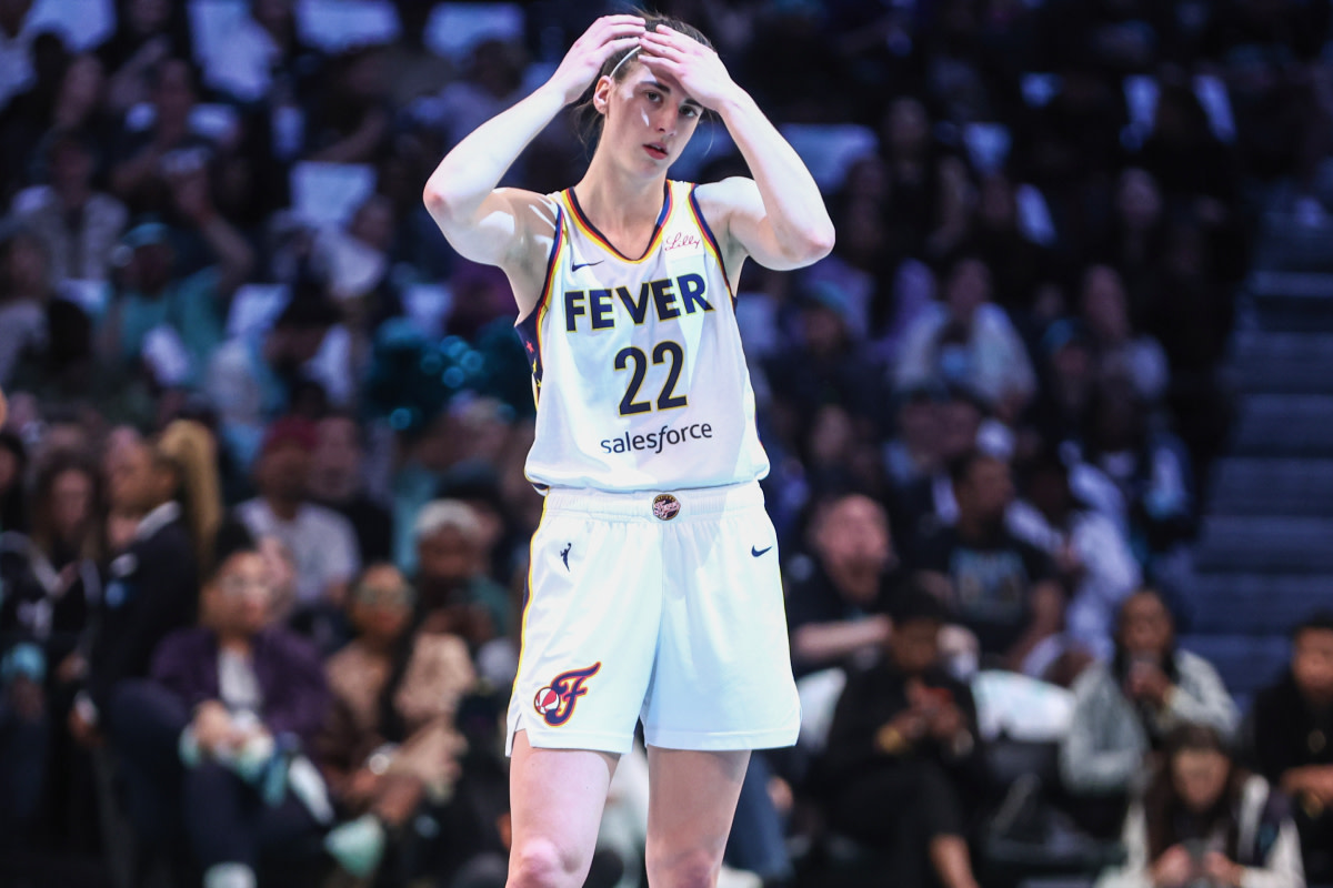 Indiana Fever guard Caitlin Clark (22) checks back into the game in the first quarter against the New York Liberty at Barclays Center.