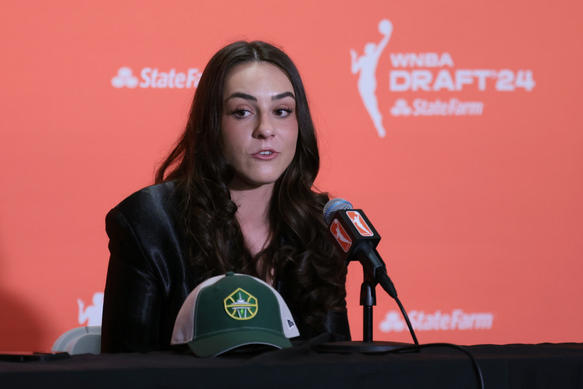 Nika Muhl speaks in an interview after she is selected with the number fourteen overall pick to the Seattle Storm in the 2024 WNBA Draft at Brooklyn Academy of Music.