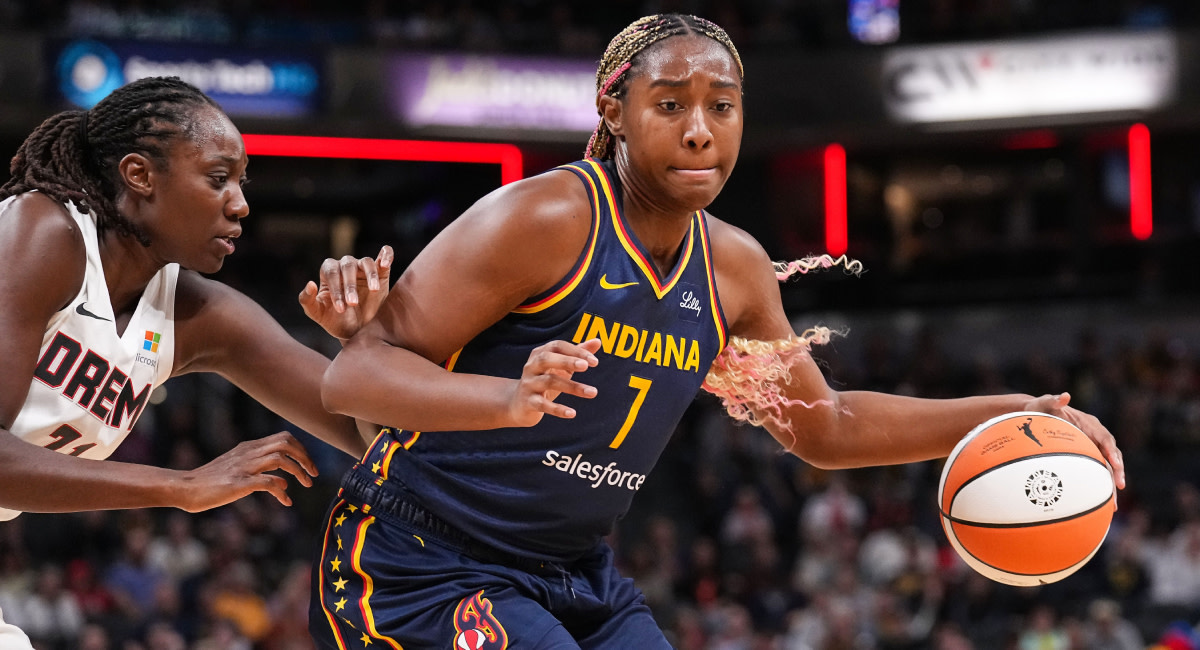 Indiana Fever forward Aliyah Boston (7) rushes up the court against Atlanta Dream center Tina Charles (31) on Thursday, May 9, 2024, during the preseason game against the Atlanta Dream at Gainbridge Fieldhouse in Indianapolis.