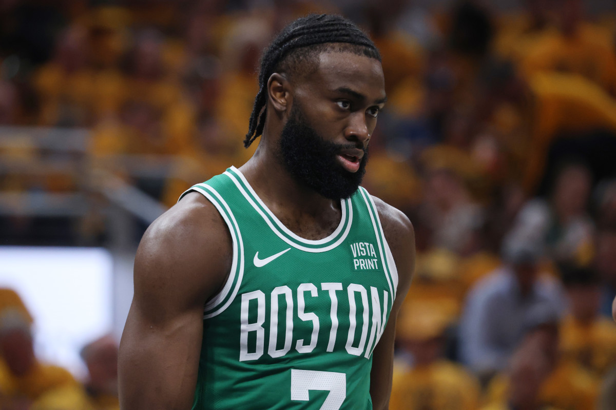 Boston Celtics guard Jaylen Brown (7) reacts during the second quarter of Game 3 of the Eastern Conference finals against the Indiana Pacers in the 2024 NBA playoffs at Gainbridge Fieldhouse in Indianapolis, Indiana, on May 25.