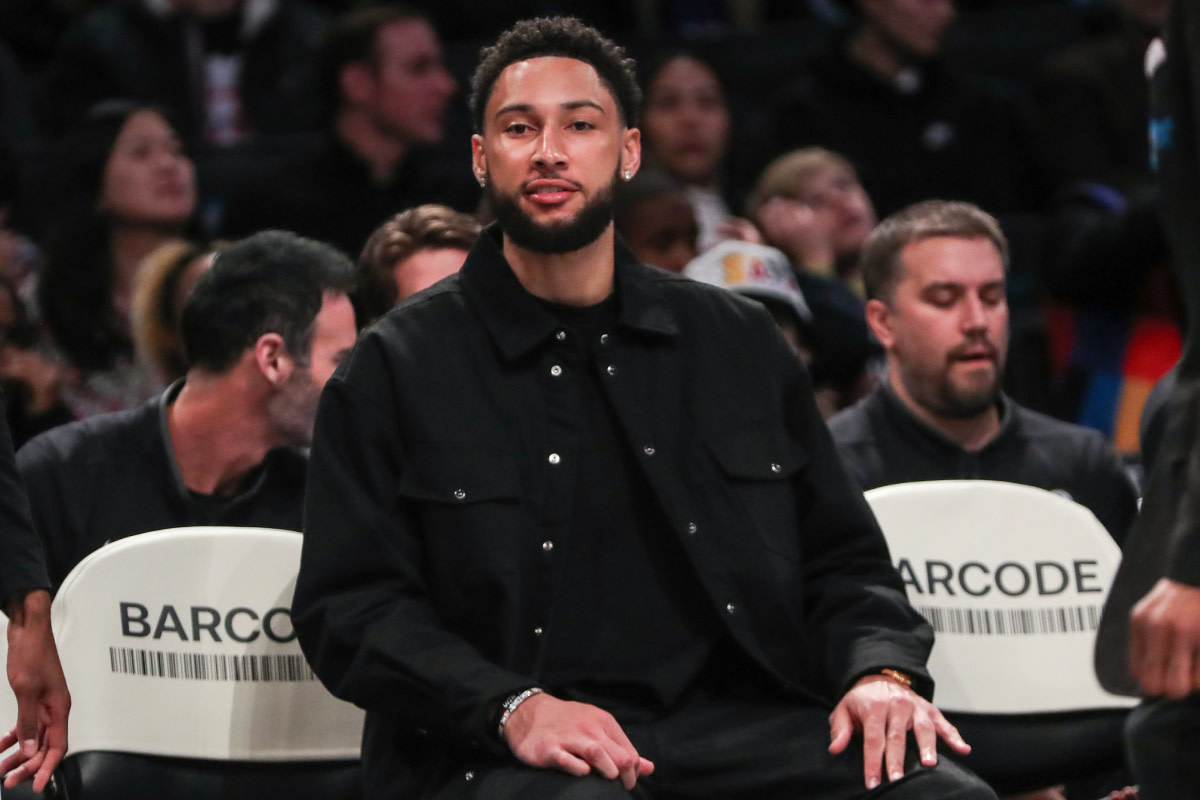 Brooklyn Nets guard Ben Simmons (not in uniform) sits on the bench in the first quarter against the Atlanta Hawks at Barclays Center.