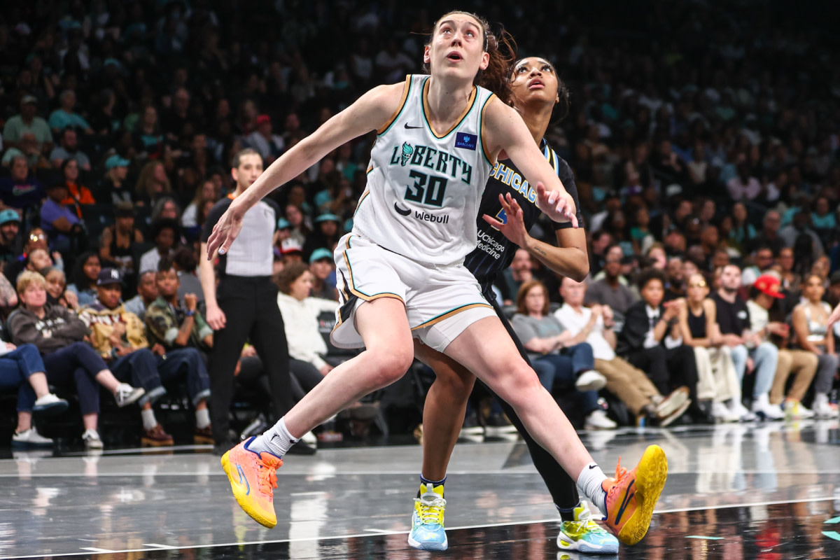 New York Liberty forward Breanna Stewart (30) and Chicago Sky forward Angel Reese (5) at Barclays Center.