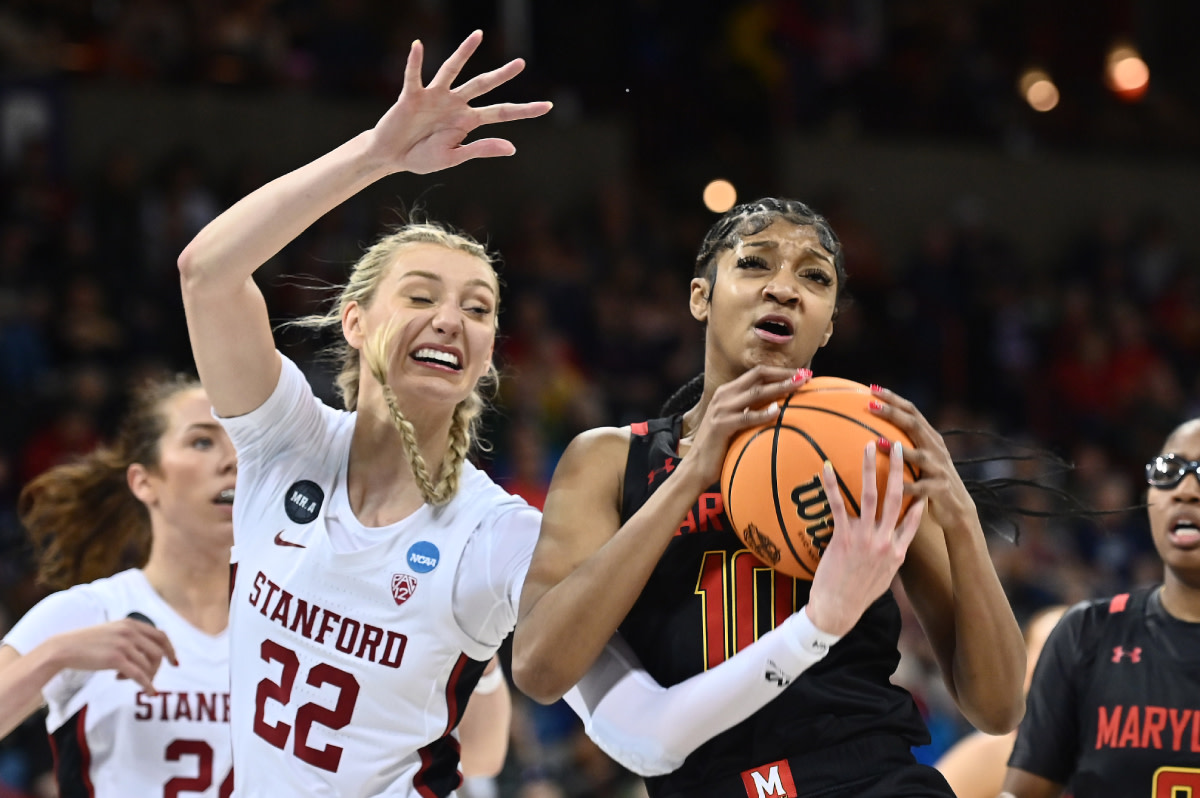 Maryland Terrapins forward Angel Reese (10) rebounds the ball against Stanford Cardinal forward Cameron Brink (22) in the Spokane regional semifinals of the women's college basketball NCAA Tournament at Spokane Veterans Memorial Arena.