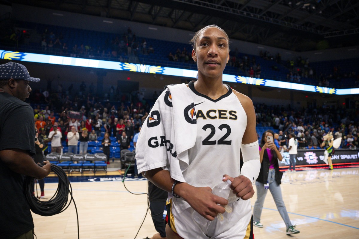Sep 29, 2023; Arlington, Texas, USA; Las Vegas Aces forward A'ja Wilson (22) walks off the court after the Aces victory over the Dallas Wings during game three of the 2023 WNBA Playoffs at College Park Center.
