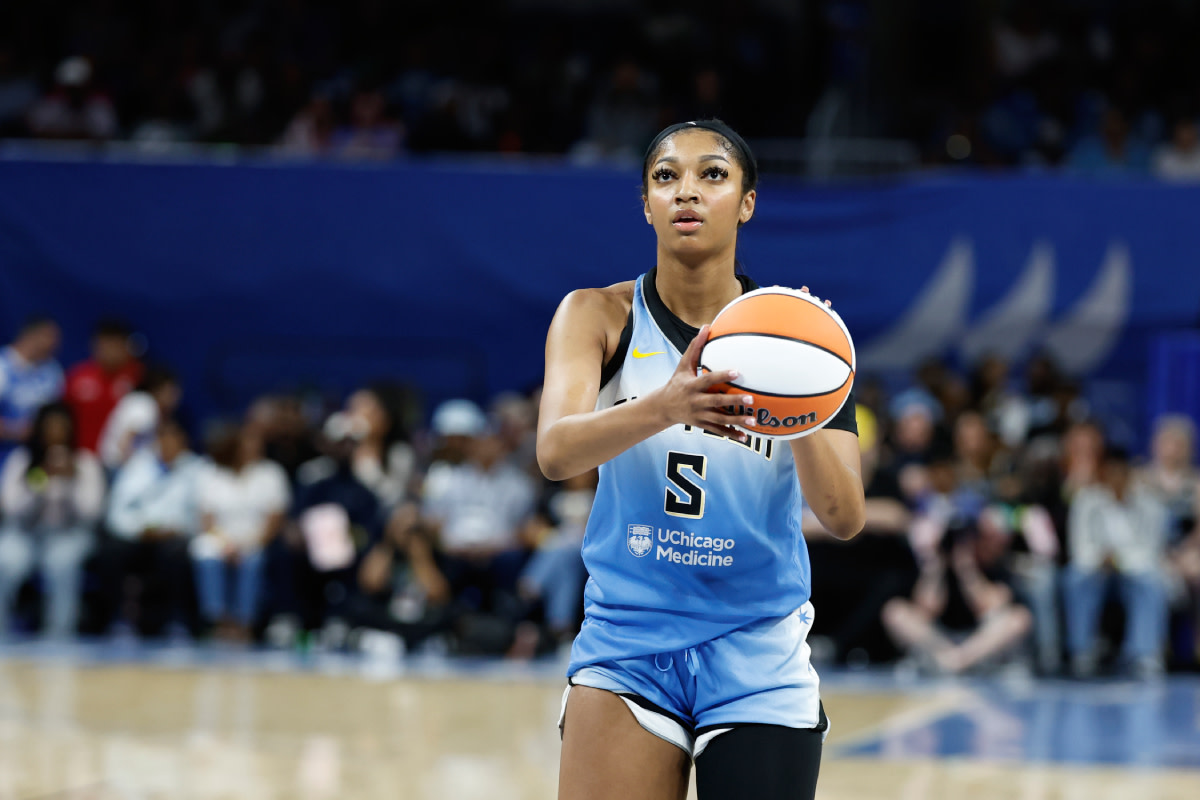 Chicago Sky forward Angel Reese (5) shoots a free throw against the Connecticut Sun during the second half of a WNBA game at Wintrust Arena.