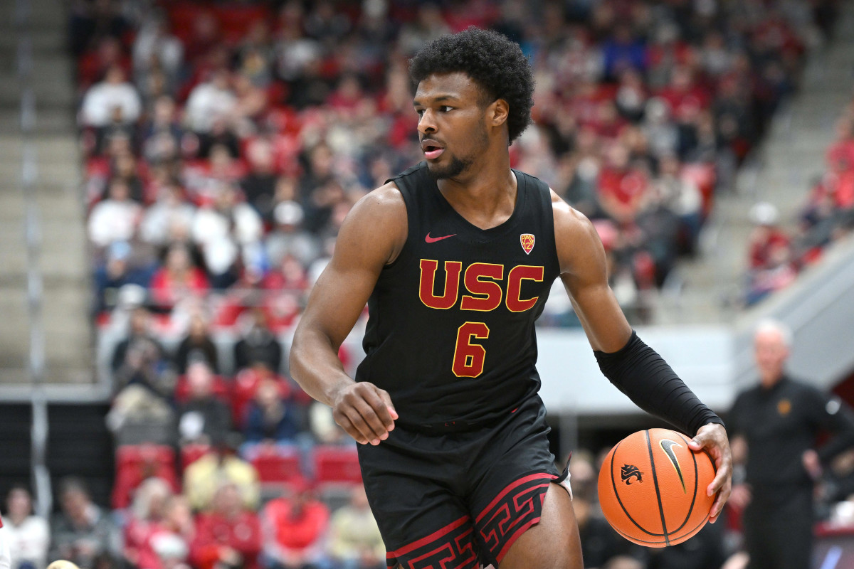 USC Trojans guard Bronny James (6) controls the ball against the Washington State Cougars in the first half at Friel Court at Beasley Coliseum.