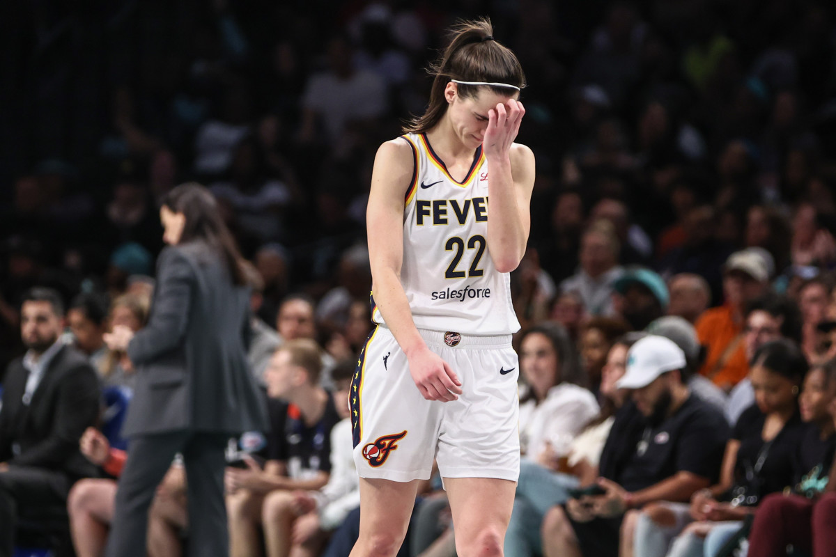 Jun 2, 2024; Brooklyn, New York, USA; Indiana Fever guard Caitlin Clark (22) walks back to the bench in the third quarter against the New York Liberty at Barclays Center.