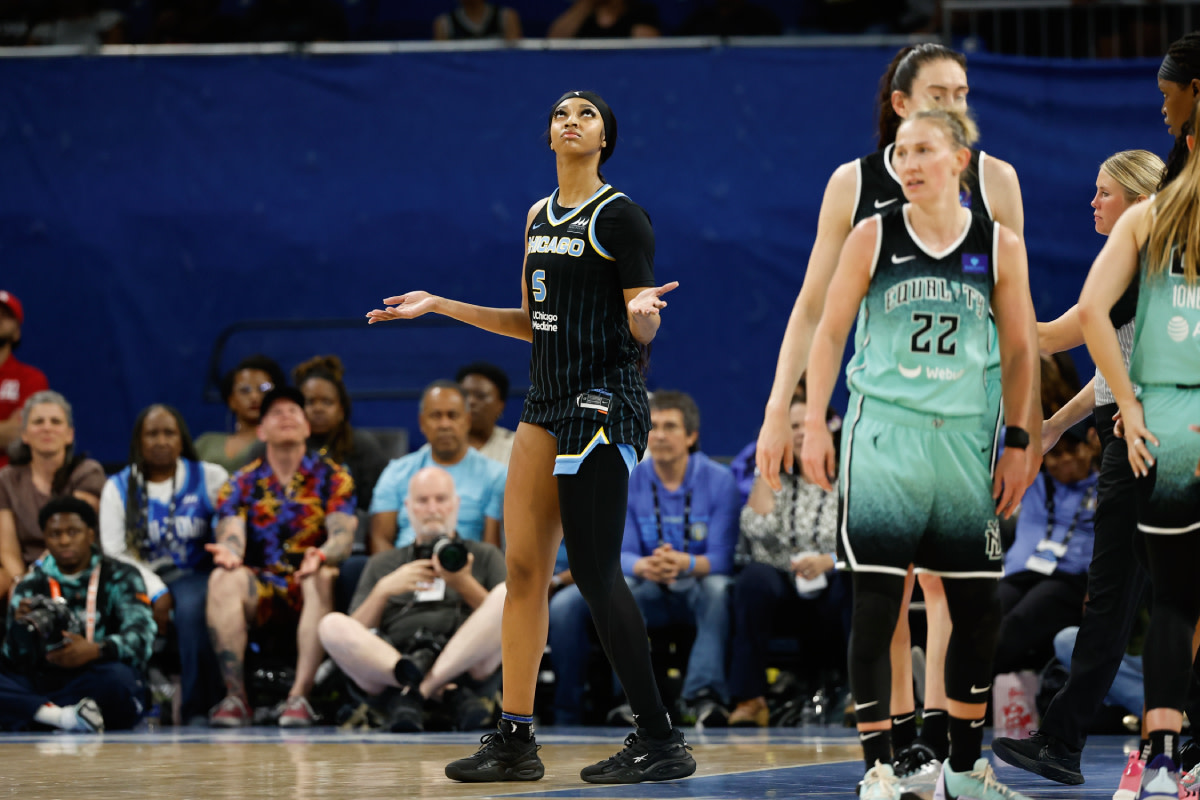 Chicago Sky forward Angel Reese (5) reacts after being ejected from her team’s WNBA game against the New York Liberty during the second half at Wintrust Arena.