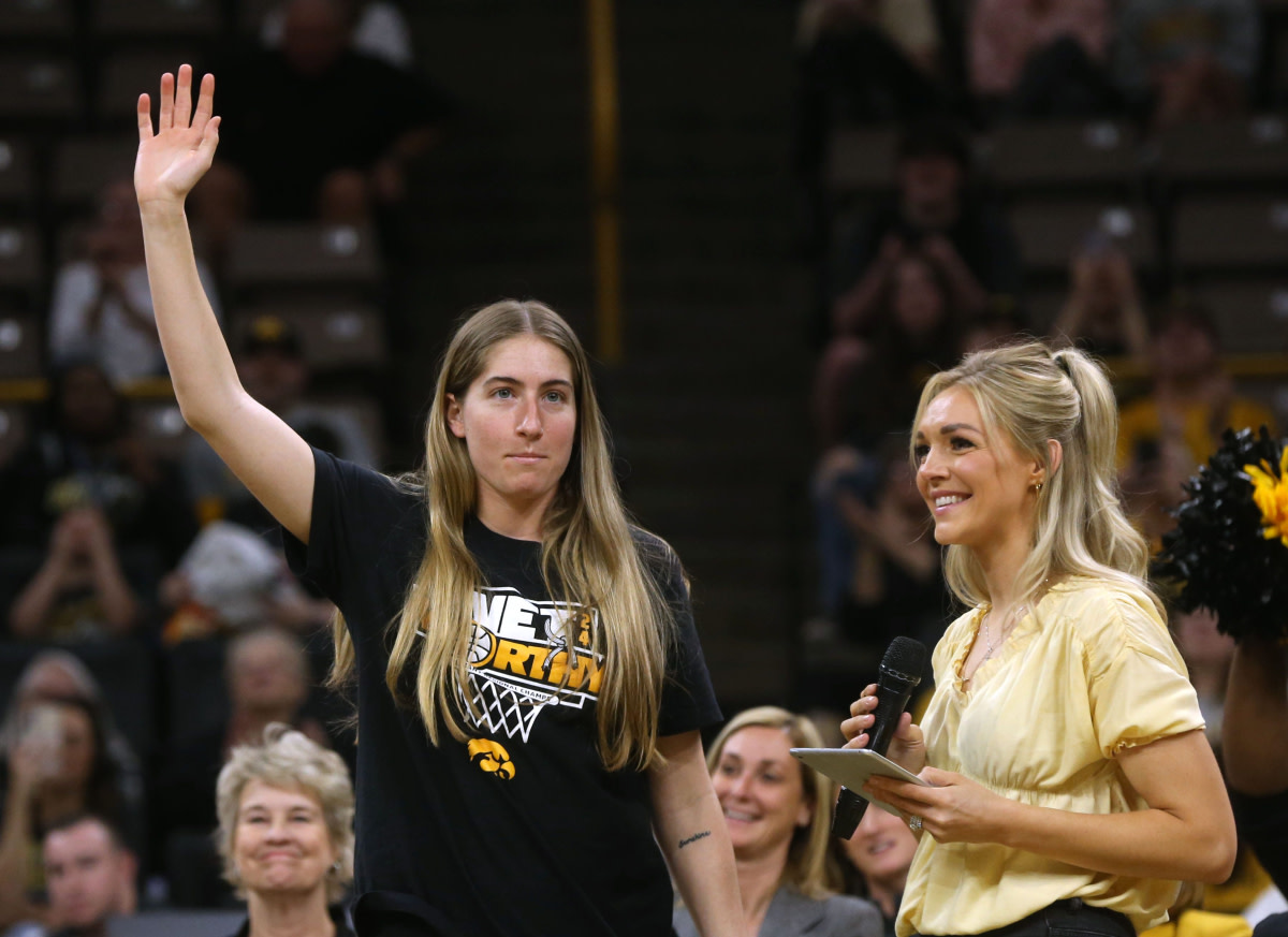 Iowa’s Kate Martin waves to the crowd during a celebration of the Hawkeyes women’s basketball team on April 10, 2024, at Carver-Hawkeye Arena.