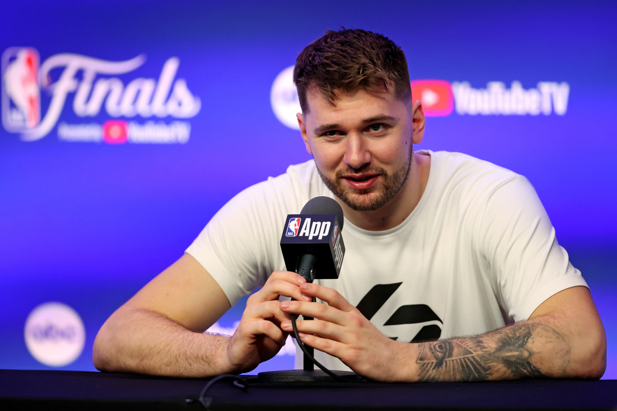 Jun 5, 2024; Boston, MA, USA; Dallas Mavericks guard Luka Doncic (77) during the NBA Finals Media Day at TD Garden.