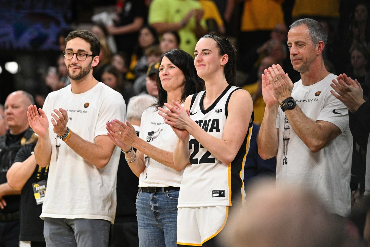 Mar 3, 2024; Iowa City, Iowa, USA; Iowa Hawkeyes guard Caitlin Clark (22) and her family look on after the game against the Ohio State Buckeyes at Carver-Hawkeye Arena. Mandatory Credit: Jeffrey Becker-USA TODAY Sports