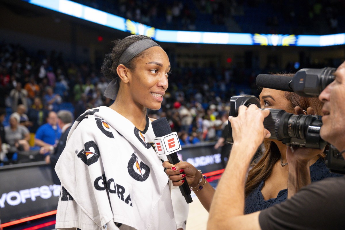 Las Vegas Aces forward A'ja Wilson (22) is interviewed after the Aces victory over the Dallas Wings
