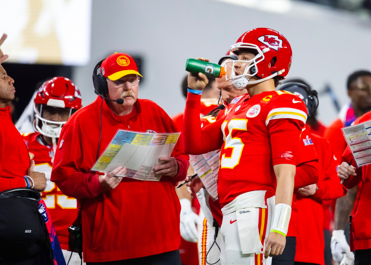 Kansas City Chiefs head coach Andy Reid with quarterback Patrick Mahomes (15) against the San Francisco 49ers during Super Bowl LVIII at Allegiant Stadium.