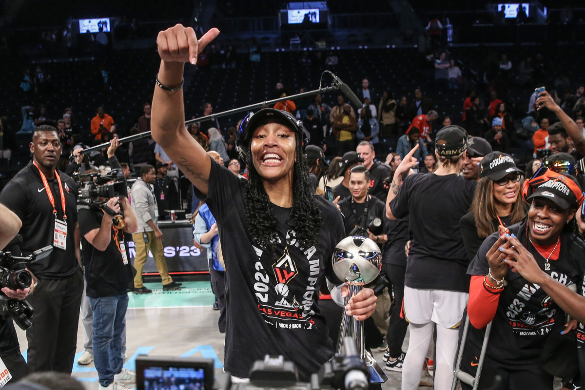 Las Vegas Aces forward A'ja Wilson (22) celebrates after winning thhe 2023 WNBA Finals at Barclays Center.