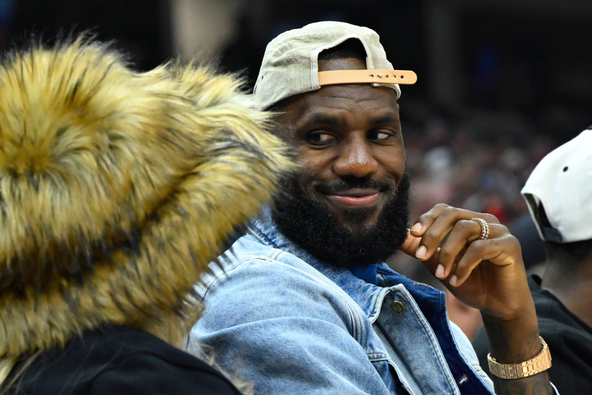 Los Angeles Lakers forward LeBron James looks at his wife Savannah James in the second quarter of game four of the second round for the 2024 NBA playoffs between the Cleveland Cavaliers and the Boston Celtics.