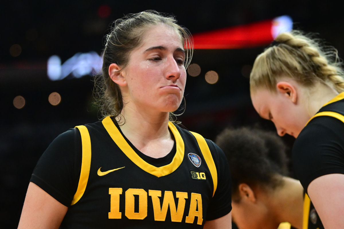Iowa Hawkeyes guard Kate Martin (20) reacts after the game against the South Carolina Gamecocks in the finals of the Final Four of the womens 2024 NCAA Tournament at Rocket Mortgage FieldHouse.